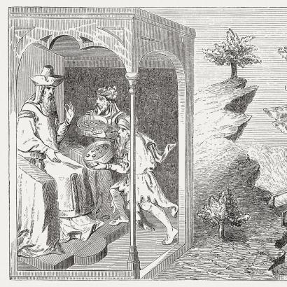 Kublai Khan (1216-1294) and pearl fishers, wood engraving, published in 1888 stock illustration