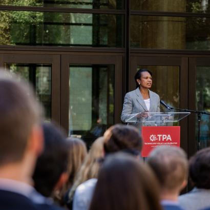 Hoover Institution Director Condoleezza Rice speaks at the launch of the Technology Policy Accelerator in Hoover’s Fairweather Courtyard on June 16, 2025. (Patrick Beaudouin)