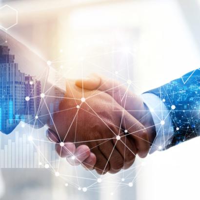 Business Partnership. business man investor handshake with effect global network link connection and graph chart of stock market graphic diagram, digital technology, internet and partnership concept stock photo