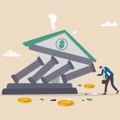 Banking collapse or bank run, financial crisis or bankruptcy problem, stock market crash or credit risk, failure or investment failure concept, frustrated businessman look at collapsing bank building. stock illustration