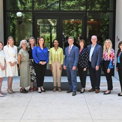 State education chiefs pose for a photo with Hoover Institution Director Condoleezza Rice on May 15, 2025. (Rod Searcey)