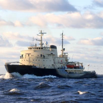 Soviet ice-breaker in open sea - stock photo