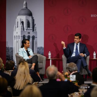 Hoover Institution Director Condoleezza Rice discusses AI policy with Sriram Krishnan (center) and Mary Meeker (right) in Blount Hall on July 9, 2025. (Patrick Beaudouin)