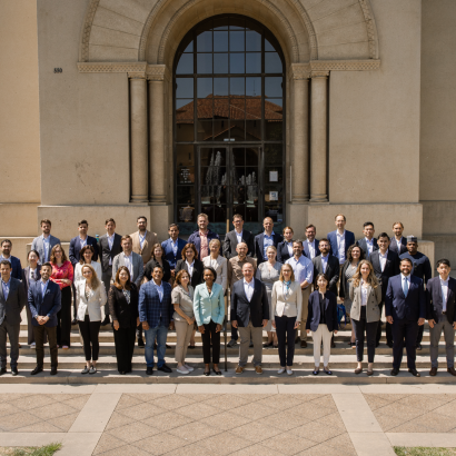 The 2025 cohort of Hoover Institution International Seminar participants are seen outside Hoover Tower with Condoleezza Rice and H.R. McMaster (center) on June 23, 2025. (Patrick Beaudouin)