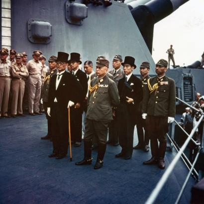 The surrender of Japan ceremony takes place aboard the battleship USS Missouri in Tokyo Bay, Japan, Sept. 2, 1945. Credit: Army VIRIN: 450902-O-ZZ999-001C