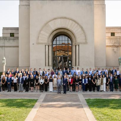Students who participated in the 2025 Hoover Institution Summer Policy Boot Camp stand before Hoover Tower on August 10, 2025. (Patrick Beaudouin)
