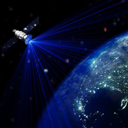 Satellite In Space Station Orbiting Earth stock photo