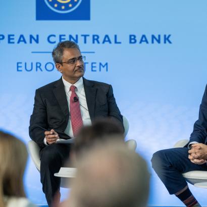 Senior Fellow Amit Seru (left), co-director of Hoover's Financial Regulation Working Group, chairs a panel on non-bank financial intermediaries, including Nicola Cetorelli (right), head of financial intermediation at the Federal Reserve Bank of New York. Photo credit: Andrej Hanzekovic/ECB