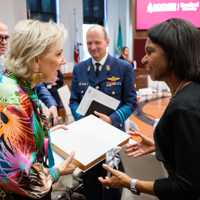 Hoover Institution Director Condoleezza Rice and Her Imperial and Royal Highness Princess Astrid of Belgium exchange a gift in the Annenberg Conference Room on October 7, 2025. (Patrick Beaudouin)