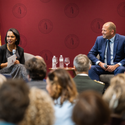Hoover Institution Director Condoleezza Rice and Belgian Minister of Defence Theo Francken speak in Hoover’s Shultz Auditorium on October 7, 2025. (Patrick Beaudouin)