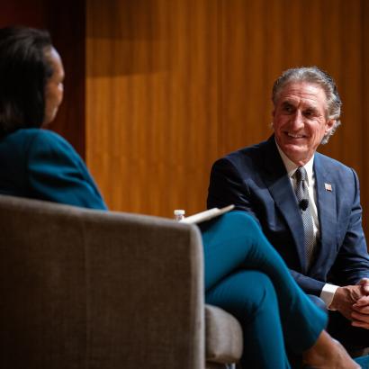 US Secretary of the Interior Doug Burgum is seen in Hauck Auditorium with Hoover Institution Director Condoleezza Rice on October 10, 2025. (Patrick Beaudouin)