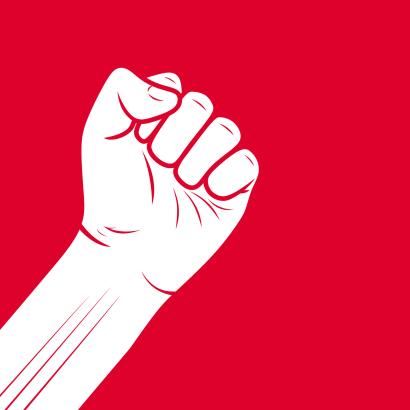 Aised Fist Showing Strength, Unity on Red Background - stock illustration