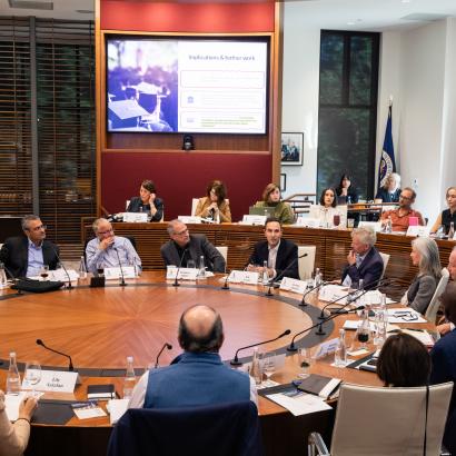 Participants in the Promises and Challenges of Decentralized Governance conference are seen in the Annenberg Conference Room on November 6, 2025. (Patrick Beaudouin)