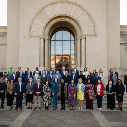 Participants in a joint Hoover–National Association of Counties gathering stand in front of Hoover Tower on December 8, 2025. (Patrick Beaudouin)