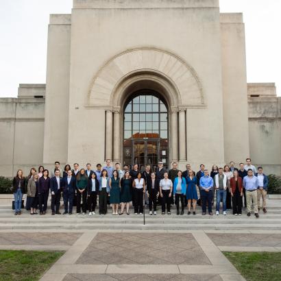 Participants in the annual Hoover Remote Work conference are seen before Hoover Tower on October 22, 2025. (Patrick Beaudouin)
