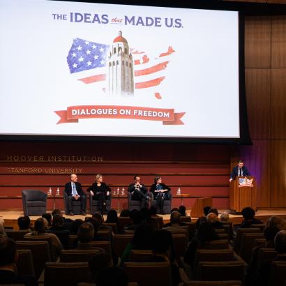 Speakers for Ideas That Made U.S.: Dialogues on Freedom, are seen in Hauck Auditorium on February 11, 2026. (Patrick Beaudouin) 