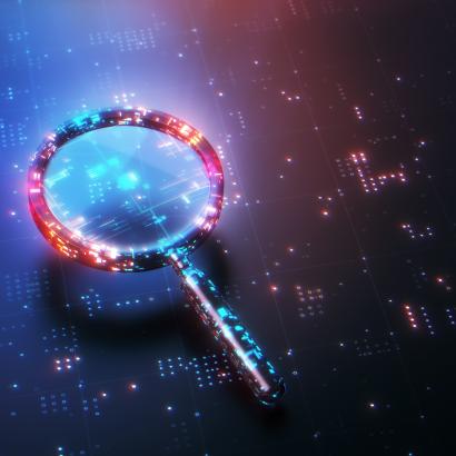 Digital Glitter Magnifying Glass on Technological Background, Search Engine Solution analysis Concept stock photo