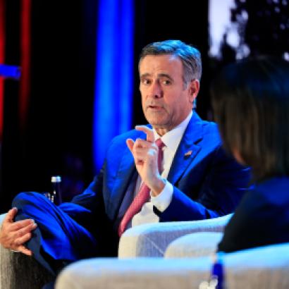 CIA Director John Ratcliffe and Hoover Institution Director Condoleezza Rice discuss US intelligence priorities at the Winter Board of Overseers meeting in Washington, DC, on February 22, 2026. (Eric Draper)