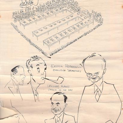 Satirical drawing of the members of the secretariat of the conference; C. Easton Rothwell on the right (Andrew Roy De Metriff Papers, Hoover Institution Archives)