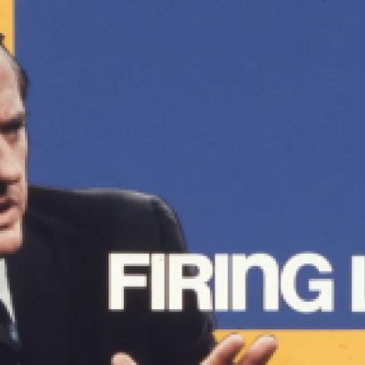 Color promotional image of William F. Buckley Jr. with white text which reads Firing Line