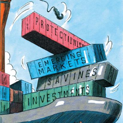 Ship and containers labeled with economic terms