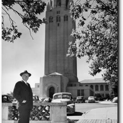 Former president Herbert Hoover poses with his namesake tower in August 1951.