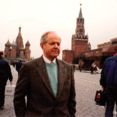 Robert Conquest and a television crew prepare for a scene in the documentary Red Empire