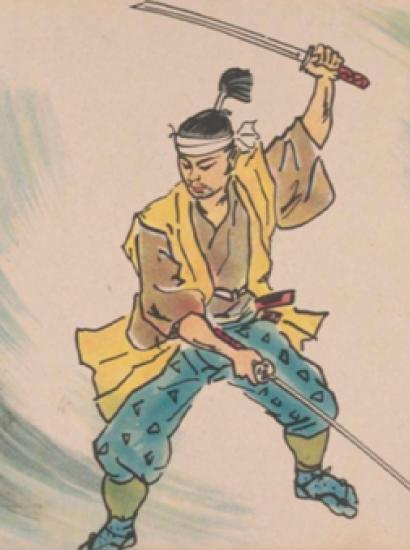 kamishibai card illustration showing a samurai weilding two swords.