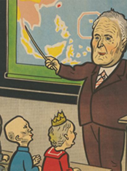 Japanese kamishibai card illustration showing President Roosevelt teaching a class of world leaders using a map of Southeast Asia.