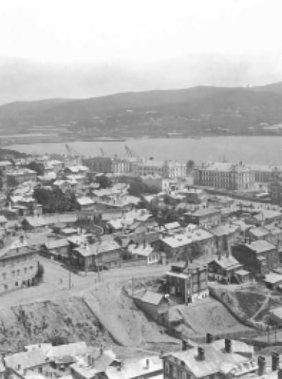 Black and white aerial photo of Vladivostok city in Russia