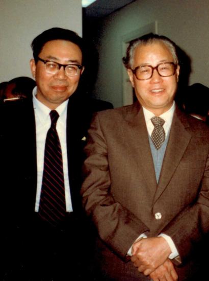 Three men in suits. Li Shenzhi (left) and China’s premier Zhao Ziyang (middle)