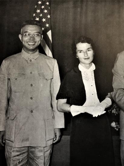 Black and white photograph of Wei Daming (left) and E. S. Belknap (second from right)