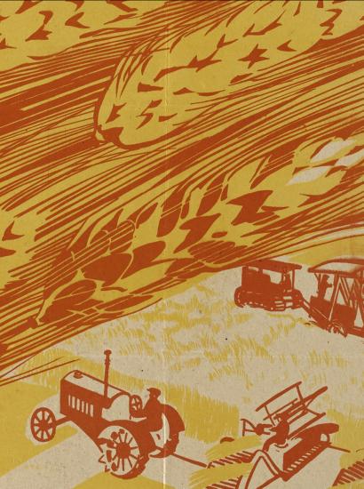 close up of poster showing tractors and grain harvest