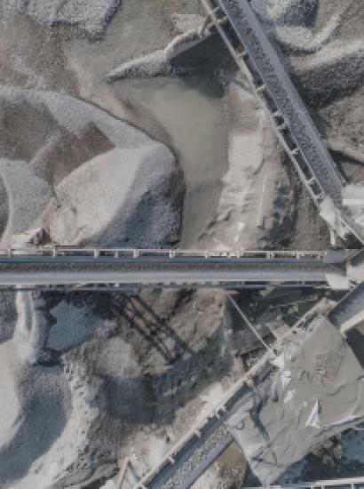 Aerial view of crushed stone quarry machine in a construction material factory stock photo