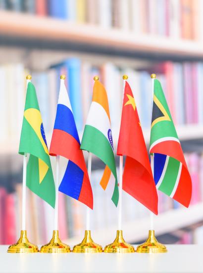 Flags of BRICS or group of five major emerging national economy i.e Brazil, Russia, India, China, South Africa. BRICS members are all leading developing countries.