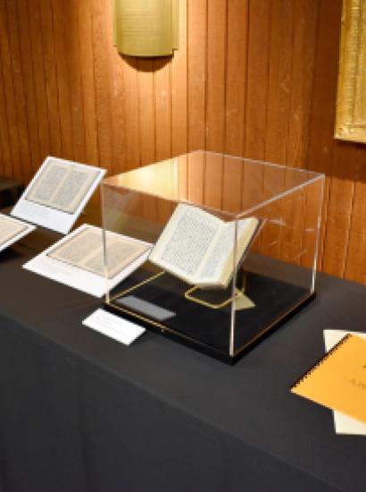 Exhibit of Chiang Ching-kuo diaries on a table with black tablecloth