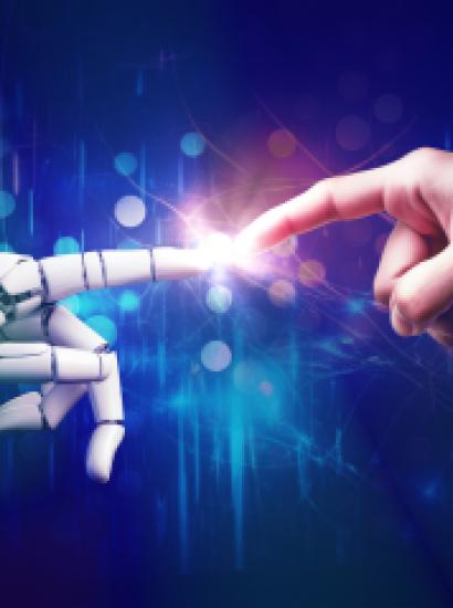 AI, Artificial intelligence, robot and human hands are touching and connecting, unity with human and ai concept, machine learning and futuristic technology background