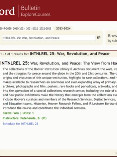 image of Stanford Course catalog featuring INTNLREL 25