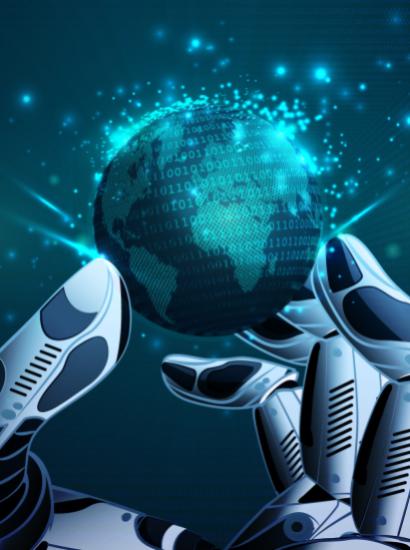 Robotic Hand Holding Virtual Globe stock illustration