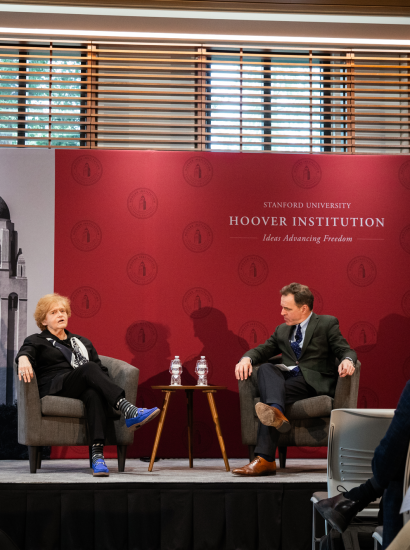 Deborah Lipstadt, who served as US special envoy for monitoring and combating anti-Semitism, speaks with Hoover Senior Fellow Niall Ferguson at the 2025 Hoover History Symposium on anti-Semitism on February 11, 2025. (Patrick Beaudouin)