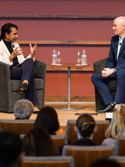 Hoover Institution Director Condoleezza Rice and Utah Governor Spencer Cox speak at the iCivics Civic Learning Week National Forum at the Hoover Institution on March 13, 2025. (Patrick Beaudouin)