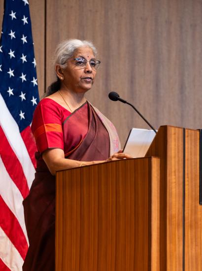 Indian Finance Minister Nirmala Sitharaman speaks about India’s modernization efforts in Hauck Auditorium on April 21, 2025. (Patrick Beaudouin)