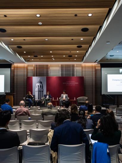 Attendees of the Social Media and Democratic Practice conference are seen in Shultz Auditorium on March 17, 2025. (Patrick Beaudouin)