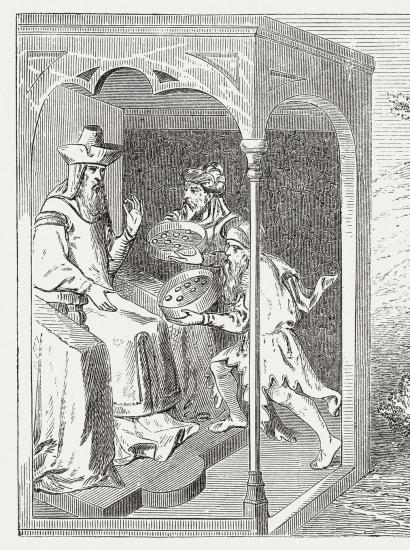 Kublai Khan (1216-1294) and pearl fishers, wood engraving, published in 1888 stock illustration