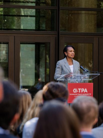 Hoover Institution Director Condoleezza Rice speaks at the launch of the Technology Policy Accelerator in Hoover’s Fairweather Courtyard on June 16, 2025. (Patrick Beaudouin)