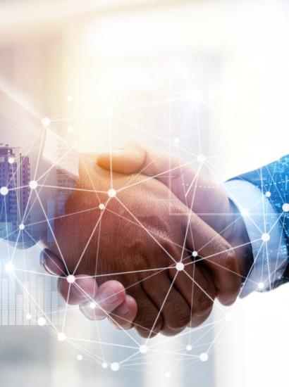 Business Partnership. business man investor handshake with effect global network link connection and graph chart of stock market graphic diagram, digital technology, internet and partnership concept stock photo