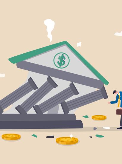 Banking collapse or bank run, financial crisis or bankruptcy problem, stock market crash or credit risk, failure or investment failure concept, frustrated businessman look at collapsing bank building. stock illustration