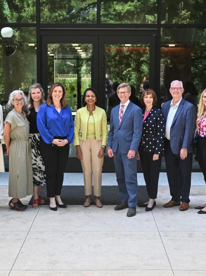 State education chiefs pose for a photo with Hoover Institution Director Condoleezza Rice on May 15, 2025. (Rod Searcey)