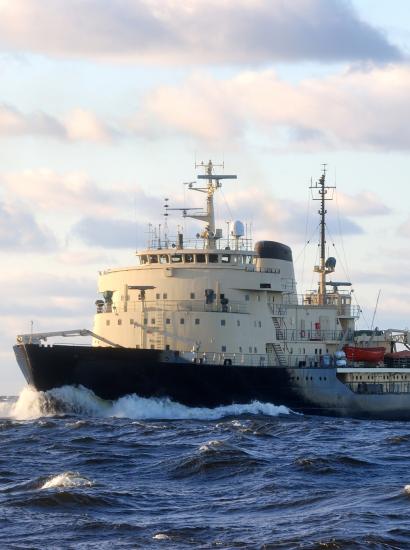 Soviet ice-breaker in open sea - stock photo