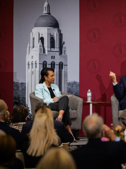 Hoover Institution Director Condoleezza Rice discusses AI policy with Sriram Krishnan (center) and Mary Meeker (right) in Blount Hall on July 9, 2025. (Patrick Beaudouin)